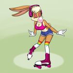  big_breasts blonde_hair breasts bubble_gum carelessdoodler cleavage clothed clothing eyes_closed female hair lagomorph lola_bunny mammal navel rabbit rollerskates solo space_jam warner_brothers 