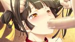  1girl ail_soft baiin_reijou_suouin_sakurako_no_zaie bdsm blush brown_hair censored close-up collar cum cum_in_mouth endured_face fellatio game_cg hair_pull hair_ribbon oral orange_eyes penis ribahara_aki ribbon slave torogao twintails 