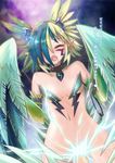  bad_id bad_pixiv_id bare_shoulders blonde_hair blue_hair bottomless breasts closed_eyes collar electricity feathers hair_over_one_eye harpy monster_girl monster_girl_encyclopedia multicolored_hair open_mouth pointy_ears saliva short_hair small_breasts solo sud_(sudea) thunderbird_(monster_girl_encyclopedia) translated two-tone_hair wings 