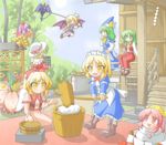  &gt;_&lt; apron architecture bamboo bat_wings blonde_hair blue_eyes blue_sky boots bottle bow bucket closed_eyes cop_(shokkidana) cross-laced_footwear cup day dress east_asian_architecture elly ema fan flower flying folding_fan food gengetsu green_eyes green_hair hair_bow hair_ribbon hat kagami_mochi kazami_yuuka kazami_yuuka_(pc-98) kine kite kurumi_(touhou) lotus_land_story maid maid_headdress mallet mima mochi mochitsuki mugetsu multiple_girls odd_one_out open_mouth orange_(touhou) pink_eyes pink_hair plaid plaid_skirt plaid_vest purple_hair rengeteki ribbon rope sakazuki shide shimenawa shrine skirt sky touhou touhou_(pc-98) tree vest wagashi waist_apron wings wizard_hat yellow_eyes yukkuri_shiteitte_ne 