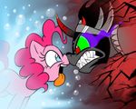  abstract_background angry armor black_hair blue_eyes bubble bubbles crown duo equine eye_contact eye_mist female feral friendship_is_magic fur green_sclera grin hair horn horse king_sombra_(mlp) male mammal mickeymonster my_little_pony nose_to_nose open_mouth pink_fur pink_hair pinkie_pie_(mlp) pony red_eyes tongue tongue_out unicorn 