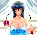  1girl black_hair blue_eyes blush bouquet breasts cleavage dress egg_vibrator female flower igawa_asagi large_breasts lilith-soft long_hair looking_at_viewer nipples pussy r-wade smile solo taimanin_asagi uncensored vibrator vibrator_under_clothes wedding_dress 