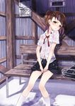  bag bench blush bra brown_eyes brown_hair dress_shirt hair_ribbon looking_at_viewer matsuryuu navel original ribbon school_bag school_uniform see-through shirt sitting sitting_on_bench skirt solo twintails underwear wet wet_clothes wet_shirt white_bra white_legwear 