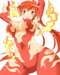  armpits arms_up breasts cuune_(nyaruko-san) fire flame grin haiyore!_nyaruko-san large_breasts ponytail red_eyes red_hair smile solo yuto_(dialique) 