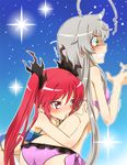  blush cthugha_(nyaruko-san) expressive_hair green_eyes grey_hair hair_ribbon haiyore!_nyaruko-san hug hug_from_behind long_hair multiple_girls nyarlathotep_(nyaruko-san) red_eyes red_hair ribbon swimsuit trembling twintails yuri yuto_(dialique) 