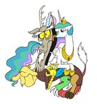  antler antlers beard crown discord_(mlp) draconequus equine facial_hair fangs female feral friendship_is_magic gold hair horn horse licking male mammal mickeymonster multi-colored_hair my_little_pony necklace plain_background pony princess princess_celestia_(mlp) purple_eyes red_eyes royalty tongue white_background winged_unicorn wings 