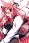  bat_wings bed_sheet bespectacled blush breasts demon_tail glasses head_wings ikue_fuuji koakuma large_breasts long_hair low_wings pointy_ears red_eyes red_hair smile solo tail touhou very_long_hair wings 