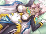  ariel_org belt blush breasts breasts_apart choker circlet collarbone covered_navel covered_nipples dark_skin full-face_blush gloves hair_ornament highres large_breasts long_hair lying on_back open_mouth pillow pink_hair purple_eyes real_robot_regiment sketch solo super_robot_wars taro white_gloves 