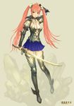  ariverkao armor breasts cleavage highres large_breasts long_hair original red_eyes red_hair solo sword twintails weapon 