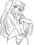  bare_shoulders blush breasts cleavage covered_navel fate_testarossa greyscale hair_ribbon highres long_hair lyrical_nanoha mahou_shoujo_lyrical_nanoha medium_breasts monochrome one-piece_swimsuit ribbon school_swimsuit school_swimsuit_flap sketch solo swimsuit taro twintails 