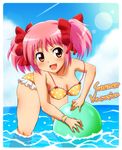  ball breasts cleavage hair_ribbon hair_ribbons kaname_madoka mahou_shoujo_madoka_magica pink_eyes pink_hair ribbon sanaemaru short_twintails solo swimsuit twintails 