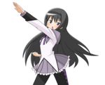  akemi_homura black_hair henshin kamen_rider_black long_hair magical_girl mahou_shoujo_madoka_magica nayo_(acgin) open_mouth pantyhose parody pose purple_eyes simple_background skirt solo white_background 