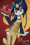  absurdres apron bad_id bad_pixiv_id blue_skin drink fins fish_girl hair_ornament hayake_(chenran) highres minette_(skullgirls) monster_girl pink_eyes scales shell skullgirls smile solo thighhighs tray waitress yellow_sclera 