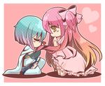  bloom2425 blue_hair blush_stickers bow cape chibi dress hair_bow hair_kiss heart kaname_madoka kneeling long_hair magical_girl mahou_shoujo_madoka_magica miki_sayaka multiple_girls pink_hair short_hair spoilers thighhighs two_side_up ultimate_madoka yellow_eyes 