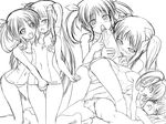  2girls bare_shoulders bisexual_(female) blush cameltoe covered_navel fate_testarossa fingering greyscale hair_ribbon hetero highres licking long_hair lyrical_nanoha mahou_shoujo_lyrical_nanoha monochrome multiple_girls one-piece_swimsuit open_mouth oral penis ribbon school_swimsuit short_twintails sketch swimsuit takamachi_nanoha taro teeth tongue tongue_out twintails 
