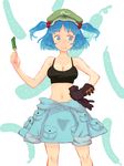  :t blue_eyes blue_hair breasts cleavage clothes_around_waist cucumber gloves hair_bobbles hair_ornament hat jacket_around_waist jean_(jean_sp) kawashiro_nitori medium_breasts midriff navel short_hair short_twintails skirt solo sports_bra touhou twintails two_side_up 