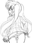  blush butt_crack cameltoe fate_testarossa from_behind greyscale hair_ribbon highres long_hair long_sleeves looking_back lyrical_nanoha mahou_shoujo_lyrical_nanoha monochrome open_mouth panties ribbon sketch sleeves_past_wrists solo sweater taro twintails underwear undressing 