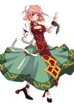  absurdres adapted_costume bandages blush breasts chinese_clothes cleavage cleavage_cutout cuffs double_bun dress embroidery flower full_body hand_on_hip highres ibaraki_kasen large_breasts makai rose short_hair simple_background slippers smile solo tabard touhou 