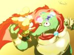  bloodshot_eyes brooch cape carrying_over_shoulder crocodilian crown crown_removed dog donkey_kong_(series) doubutsu_no_mori fangs head_wreath jewelry king_k._rool nintendo shizue_(doubutsu_no_mori) skirt smile super_smash_bros. super_smash_bros._ultimate yuusei_mutsuki 