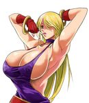  1girl armpits arms_up blonde_hair bonne_jenet breasts cleavage dress gloves huge_breasts king_of_fighters large_breasts mark_of_the_wolves nail_polish signal-green snk solo 