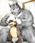  anthro bath biceps big_muscles black_nose blush canine dog duo eyes_closed fangs father_and_son fur grey_fur hair male mammal morenatsu muscles nude open_mouth pecs pose puyopuyo scar shun size_difference soap ten_kodori topless water wolf 