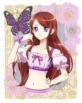  aikatsu! aikatsu!_(series) bare_shoulders bracelet brown_hair bug butterfly hand_on_hip insect jewelry kagami_chihiro long_hair looking_at_viewer midriff navel purple_eyes ribbon serious shibuki_ran shirt solo spade_(shape) 