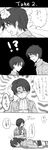  2boys belt comic eren_yeager greyscale headbutt highres jacket kanarucho levi_(shingeki_no_kyojin) long_image mikasa_ackerman monochrome multiple_boys paradis_military_uniform scarf shingeki_no_kyojin short_hair tall_image thigh_strap translated 