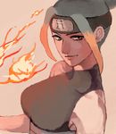 1girl bare_shoulders drawr flame forehead_protector gon_(er4gu3) green_hair looking_at_viewer multicolored_hair naruto naruto_shippuuden orange_eyes orange_hair pakura pakura_(naruto) smirk solo sunagakure_symbol two-tone_hair 