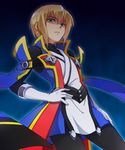  blazblue blonde_hair from_below gloves green_eyes hanjuku_tomato jin_kisaragi long_sleeves male_focus solo 