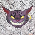  abstract_background absurd_res alice_in_wonderland ceiling_tile cheshire_cat ear_piercing evil feline flowing glowing glowing_eyes hi_res jewelry llombard17 mammal nightmare_fuel open_mouth painting photo piercing pink_nose purple_skin real solo tattoo teeth tile tooth video_games yellow_eyes 