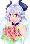  :d bare_shoulders blue_hair blush bouquet collar demon_girl dress elbow_gloves flower gloves horns looking_at_viewer monster_girl monster_girl_encyclopedia open_mouth pointy_ears red_eyes red_flower red_rose rose short_hair smile solo succubus succubus_(monster_girl_encyclopedia) succubus_wilmarina wedding_dress wilmarina_noscrim yu_(yoki) 