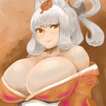  1girl absurdres animal_ears bare_shoulders blush breasts cleavage female fox fox_ears hair_ornament hair_up highres hitodama huge_breasts inari japanese_clothes kimono kitsune kongiku leaf long_hair monster_girl oboro_muramasa red_eyes smile solo soranosuke white_hair 