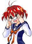  adjusting_eyewear bad_id bad_pixiv_id bespectacled blush bow brown_eyes glasses hair_ornament hair_scrunchie isshiki_akane kohaku_(kohagura) long_sleeves national_shin_ooshima_school_uniform open_mouth orange_scrunchie red_hair school_uniform scrunchie short_hair short_twintails sketch solo teeth twintails vividred_operation white_background 