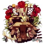  2girls apron basket bread brown_hair carla_yeager carnation chair eren_yeager finger_to_mouth flower food hiding houhou_(black_lack) kitchen mikasa_ackerman mother's_day mother_and_son multiple_girls red_carnation red_flower shingeki_no_kyojin shushing table 