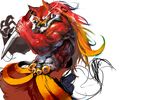  anthro belt biceps black_nose canine clothing fangs flexing fur hair male mammal muscles orange_fur orange_hair pants paws pecs plain_background pose red_eyes red_fur red_hair solo standing sword teeth topless vein weapon white_background white_fur wolf 