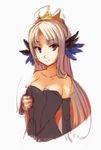  bare_shoulders breasts cleavage collarbone crown detached_sleeves dress feathers gwendolyn hair_feathers long_hair medium_breasts non-web_source odin_sphere purple_eyes saimon_ma silver_hair sketch smile solo strapless strapless_dress valkyrie very_long_hair 