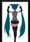 adjusting_hair aqua_hair armpits arms_up backlighting bare_shoulders belt black_legwear detached_sleeves from_behind hair_ornament halterneck hatsune_miku headphones highres kneepits long_hair miniskirt oonishi_shunsuke pleated_skirt shirt simple_background skirt solo standing thighhighs twintails very_long_hair vocaloid white_background wide_sleeves windowboxed 