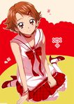  bracelet brown_hair choker hair_ornament hairclip jewelry looking_at_viewer maeashi natsuki_rin precure red_eyes red_skirt ribbon shirt shoes short_hair skirt solo yes!_precure_5 