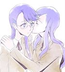  blazer blue_hair blush cheek_kiss closed_eyes couple glasses hands_on_shoulders heartcatch_precure! jacket kiss kurumi_momoka long_hair multiple_girls myoudou_gakuen_high_school_uniform negom precure purple_hair school_uniform simple_background tsukikage_yuri upper_body white_background yuri 