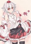  animal_ears black_legwear breasts detached_sleeves hat inubashiri_momiji leaf maple_leaf pom_pom_(clothes) ray-akila red_eyes short_hair sideboob skirt small_breasts smile solo tail thighhighs tokin_hat touhou white_hair wolf_ears wolf_tail 