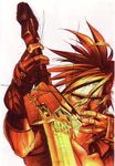  absurdres fingerless_gloves forehead_protector gloves guilty_gear headband highres ishiwatari_daisuke male_focus monochrome non-web_source reverse_grip sepia sol_badguy solo spiked_hair sword weapon 
