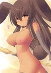  1girl animal_ears blush breasts brown_eyes brown_hair bunny_ears bunny_tail collar dark_skin elbow_gloves female gloves kourourin long_hair looking_at_viewer nipples nude original solo staff standing tail 
