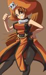  belt black_legwear breasts brown_eyes brown_hair dress gousaikoo grin guilty_gear hand_on_hip hat large_breasts long_hair may_(guilty_gear) orange_hat orange_shirt pantyhose pirate pirate_hat pointing pointing_at_self ponytail shirt skull_and_crossbones sleeveless smile solo 