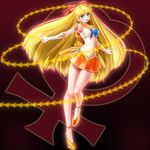  absurdres adapted_costume aino_minako back_bow bare_legs bishoujo_senshi_sailor_moon blonde_hair blue_eyes bow choker full_body gloves hair_bow half_updo highres long_hair magical_girl md5_mismatch miharin orange_choker orange_footwear orange_sailor_collar orange_skirt red_bow ribbon sailor_collar sailor_senshi_uniform sailor_venus shoes skirt smile solo strappy_heels tiara venus_love_me_chain venus_symbol white_gloves 