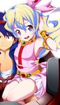  1boy 1girl arm_up armlet bad_id bad_pixiv_id blue_hair bracelet flower hachimitsu_candy hair_flower hair_ornament highres jewelry multicolored_hair nia_teppelin simon sitting skirt smile tengen_toppa_gurren_lagann two-tone_hair younger 