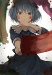  belt blue_eyes blue_hair hair_bobbles hair_ornament hat highres kawashiro_nitori paint paint_on_face screwdriver solo touhou wrench yushika 