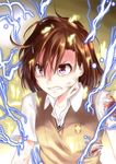  angry biribiri brown_eyes brown_hair clenched_teeth electricity hair_ornament hairpin harukawa_yagy injury misaka_mikoto school_uniform short_hair solo sparks teeth to_aru_kagaku_no_railgun to_aru_majutsu_no_index vest 