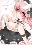  animal_ears bad_id bad_pixiv_id breasts bunny_ears cleavage downblouse fishnets from_above garter_straps headphones heart large_breasts minamon_(vittel221) nitroplus pink_eyes pink_hair solo super_sonico v 