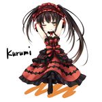  bare_shoulders black_hair character_name chibi clock clock_eyes date_a_live dress hairband headdress kaguyuu lolita_fashion lolita_hairband long_hair one_eye_closed ribbon simple_background smile solo symbol-shaped_pupils tokisaki_kurumi twintails uneven_twintails white_background yellow_eyes 