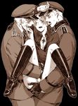  axis_powers_hetalia blush boots bottomless carrying ear_licking fangs germany_(hetalia) gloves hat iron_cross knee_boots licking male_focus monochrome multiple_boys northern_italy_(hetalia) open_mouth prussia_(hetalia) sweat takosu testicles tongue tongue_out uniform wince yaoi 
